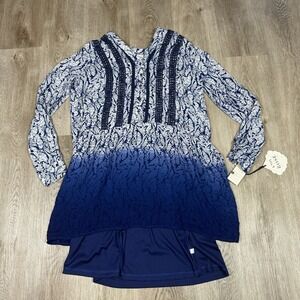 Knox Rose Women Blue White Paisley Ombre Tunic Dress Crochet Trim Size Medium